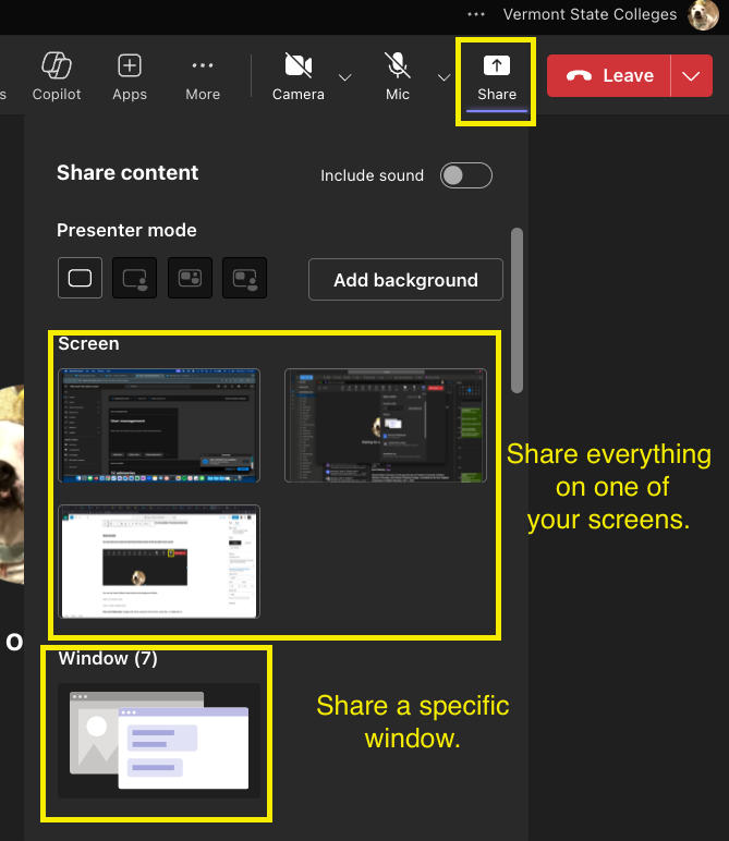 Screenshot of share button at the top right of a Teams meeting and options with what to share. 